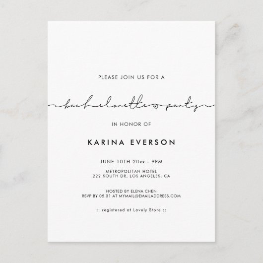 Minimalistischer moderner Junggeselinnen-Abschied  Postkarte (Vorderseite)
