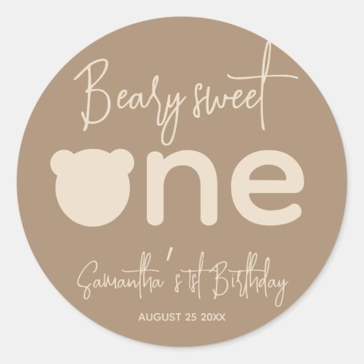 Minimalistischer, moderner kleiner Bär 1. Geburtst Runder Aufkleber (Vorderseite)