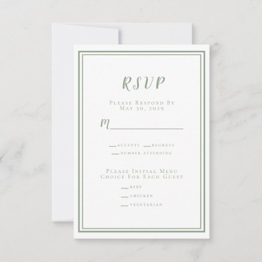 Minimalistischer, moderner Sage Green White Weddin RSVP Karte (Vorderseite)