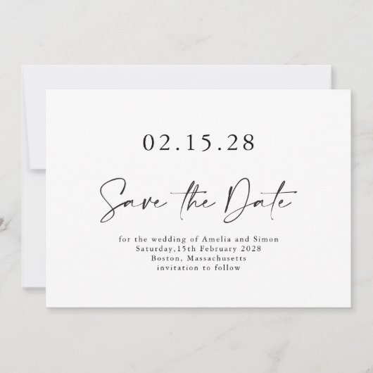Minimalistischer moderner Schriftart Schwarz-weiß Save The Date (Vorderseite)