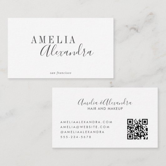 Minimalistischer, moderner Script QR-Code Schwarz- Visitenkarte (Vorne/Hinten)