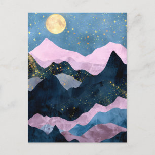 Minimalistischer Mond Sterne Himmel Bergtal Feiertagspostkarte