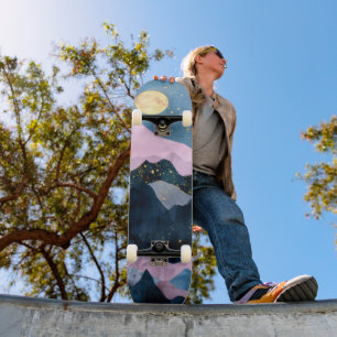 Minimalistischer Mond Sterne Himmel Bergtal Skateboard