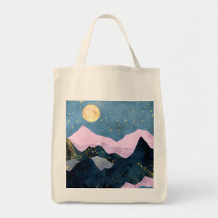 Minimalistischer Mond Sterne Himmel Bergtal Tragetasche