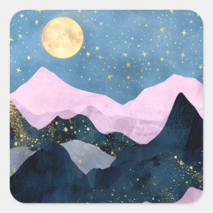Minimalistischer Mond Sternen Himmel Bergtal Quadratischer Aufkleber