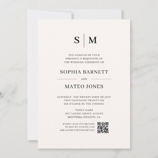 Minimalistischer Monogram Ivory Foto QR Code Hochz Einladung (Vorderseite)