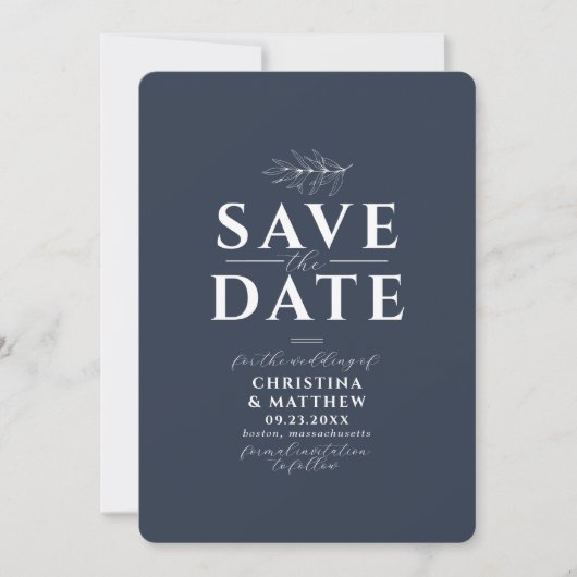 Minimalistischer Monogram Navy Blue QR-Code Save The Date (Vorderseite)