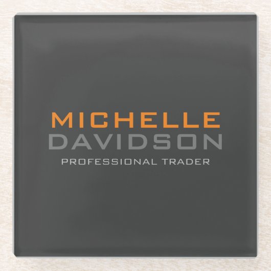 Minimalistischer Name des modernen, grauen, orange Glasuntersetzer (Vorderseite)