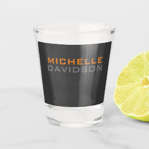 Minimalistischer Name des modernen, grauen, orange Schnapsglas