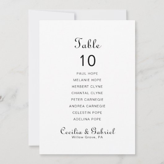 Minimalistischer Name Hochzeitstabelle 10 Sitzplan Einladung (Rückseite)
