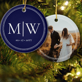 Minimalistischer Newlywings Monogram Foto Blue Hol Keramik Ornament