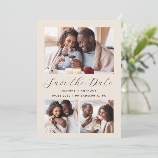 Minimalistischer QR-Code-Beige für 3-Fotomaterial Save The Date (Stehend Vorderseite)