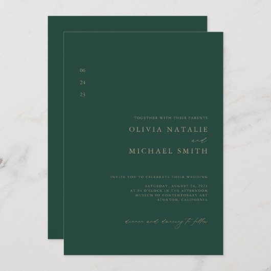 Minimalistischer QR-Code für Green & Gold in einer Einladung (Vorne/Hinten)