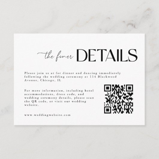 Minimalistischer QR-Code für Schwarz/Weiß-Hochzeit Begleitkarte (Vorderseite)