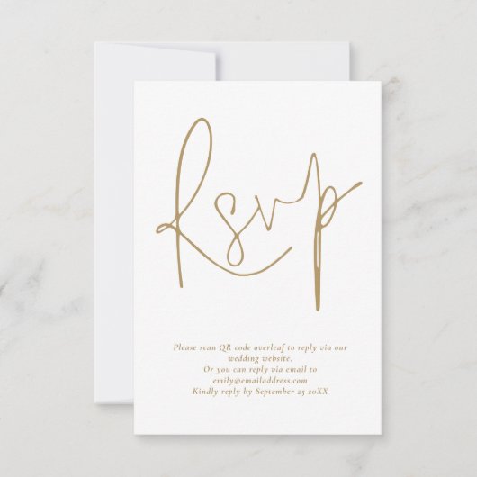 Minimalistischer QR Code Gold Script Wedding RSVP Einladung (Vorderseite)