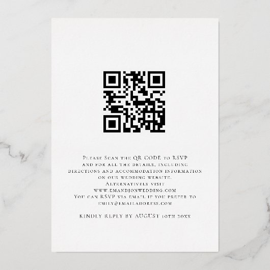 Minimalistischer QR-Code Hochzeitskennzeichen Folieneinladung (Rückseite)