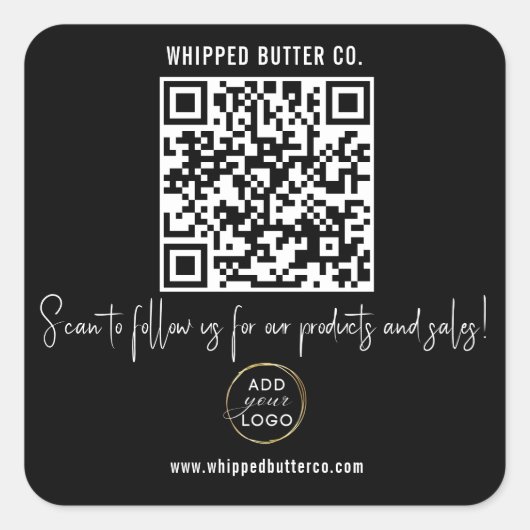 Minimalistischer QR Code + LOGO Black Folgen Sie u Quadratischer Aufkleber (Vorderseite)