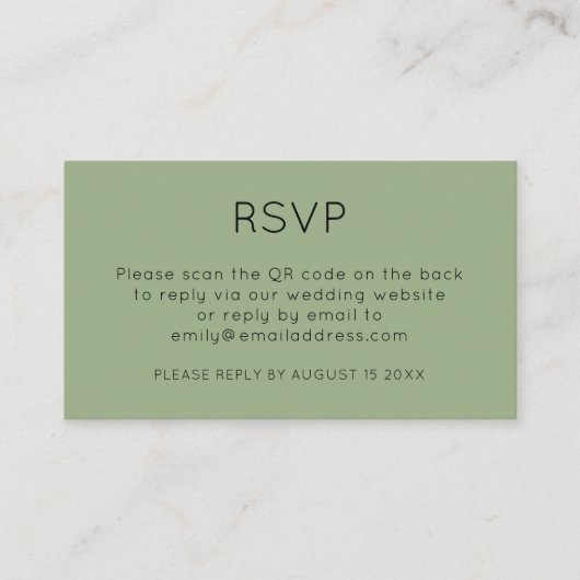 Minimalistischer QR Code Sage Green Wedding RSVP Begleitkarte (Vorderseite)