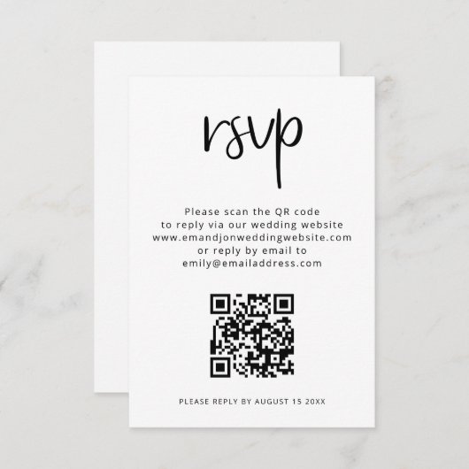 Minimalistischer QR-Code Schwarz-weiß Wedding RSVP Begleitkarte (Vorne/Hinten)
