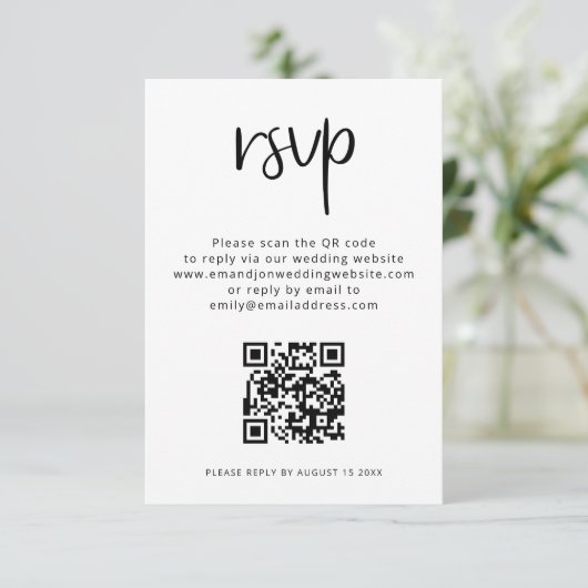 Minimalistischer QR-Code Schwarz-weiß Wedding RSVP Begleitkarte (Stehend Vorderseite)