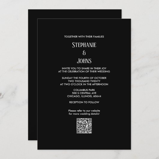 Minimalistischer QR-Code Schwarz-weißer Skripteinb Einladung (Vorne/Hinten)