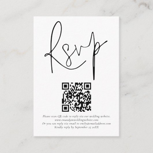 Minimalistischer QR-Code-Skript-Hochzeit RSVP Begleitkarte (Vorderseite)
