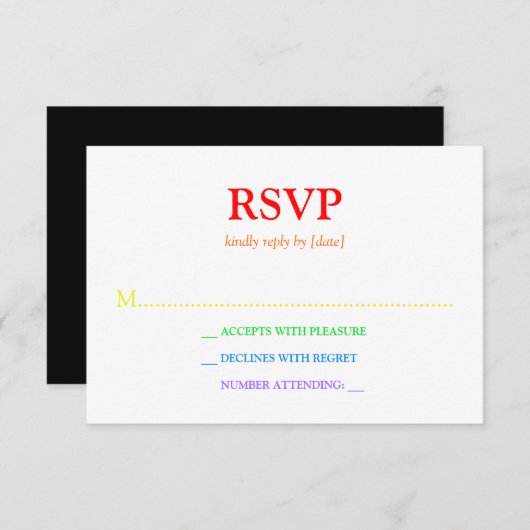 Minimalistischer Rainbow-farbener Schriftart Hochz RSVP Karte (Vorne/Hinten)