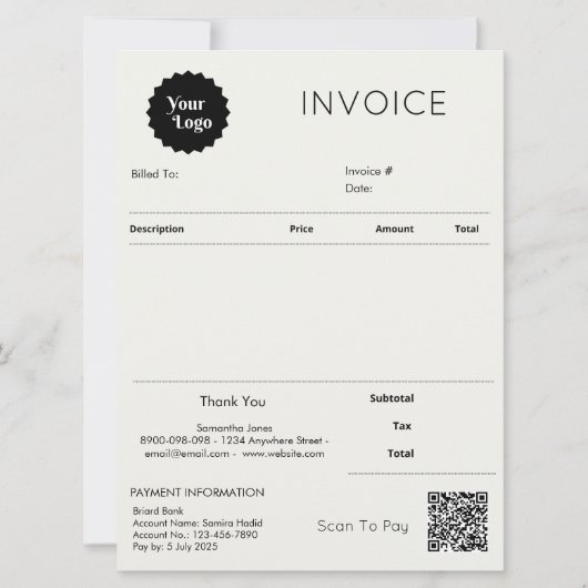 Minimalistischer Rechnungsabsatz für kleine Untern Karte (Vorderseite)