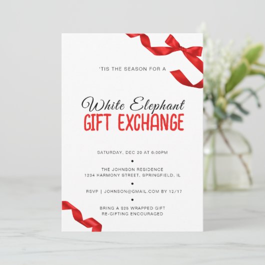 Minimalistischer Red Bow White Elephant Gift Excha Einladung (Stehend Vorderseite)