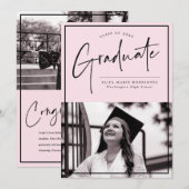 Minimalistischer Rosa Hintergrund Foto Abschluss Ankündigung (Vorne/Hinten)