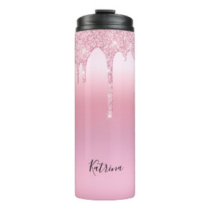 Minimalistischer rosafarbener Glitzer Personalisie Thermosbecher