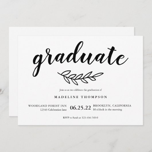 Minimalistischer Rustikaler Leaf-Graduate-Script-A Einladung (Vorne/Hinten)