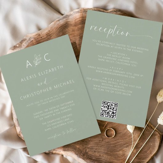 Minimalistischer Sage Green in einem Hochzeitcode Einladung