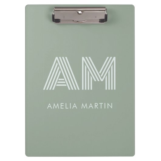 Minimalistischer Salbei-Matcha-Grün-Monogramm Klemmbrett (Vorderseite)