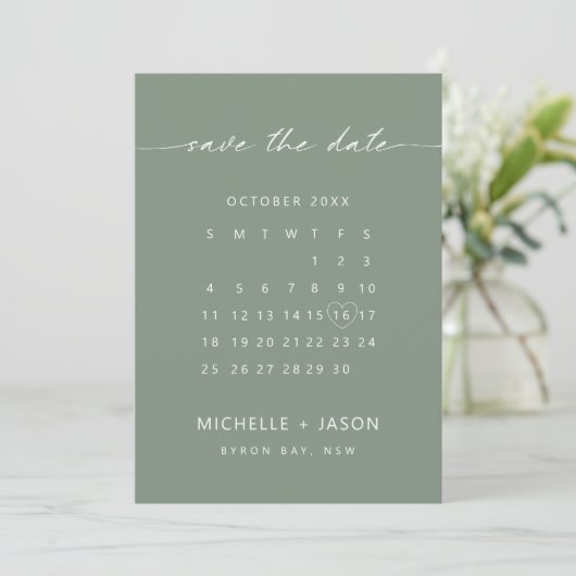 Minimalistischer Salbei Save the Date Einladung (Stehend Vorderseite)