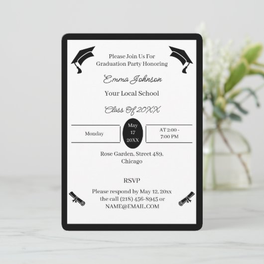 Minimalistischer Schwarz-Weiß-Abschluss Einladung (Stehend Vorderseite)