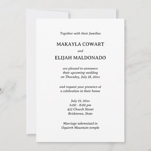 Minimalistischer Schwarz-Weiß-Tempel-Hochzeitsempf Einladung (Vorderseite)