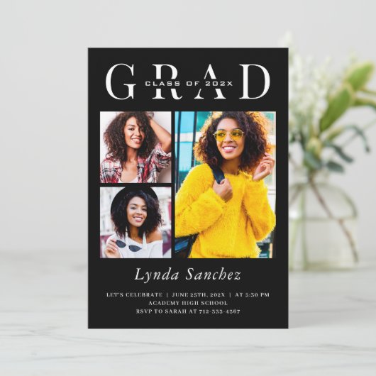 MINIMALISTISCHER SCHWARZ-WEISSER 3 FOTO ABSCHLUSS EINLADUNG (Stehend Vorderseite)