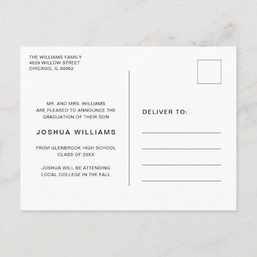 Minimalistischer Schwarz-weißer FotoCollage Abschl Ankündigungspostkarte (Rückseite)