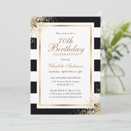 Minimalistischer Schwarz-weißer Goldene Confetti 7 Einladung (Stehend Vorderseite)