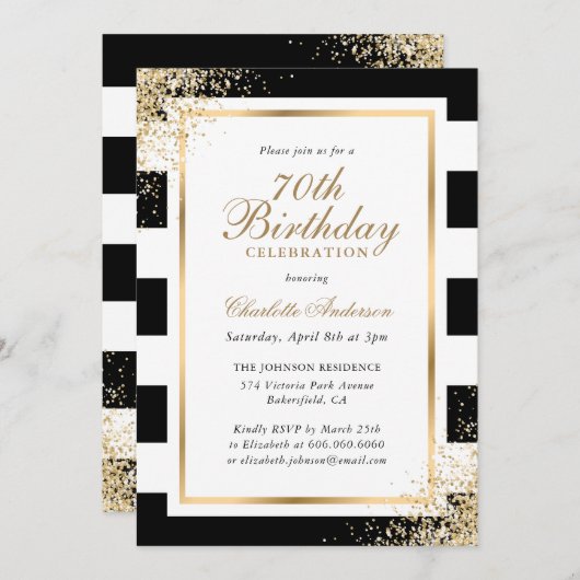 Minimalistischer Schwarz-weißer Goldene Confetti 7 Einladung (Vorne/Hinten)