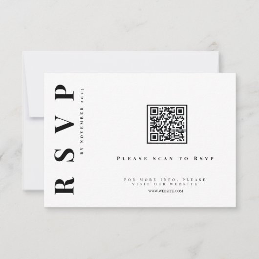 Minimalistischer schwarz-weißer Hochzeitscode qr RSVP Karte (Vorderseite)