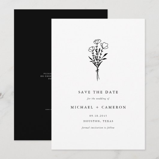 Minimalistischer schwarzer Botanischer Bouquet QR- Save The Date (Vorne/Hinten)