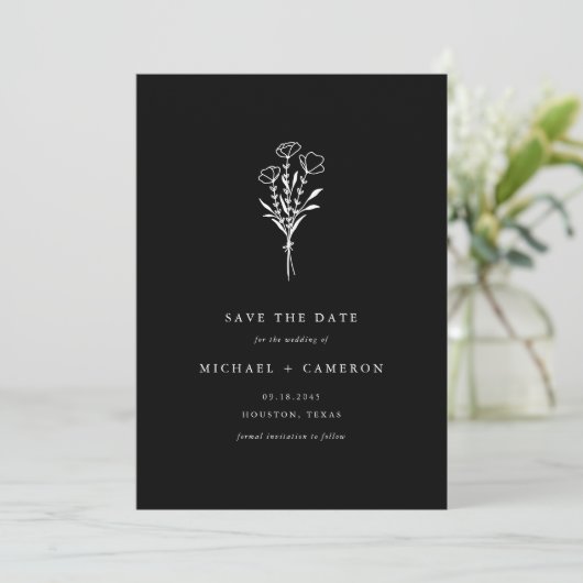 Minimalistischer schwarzer Botanischer Bouquet QR- Save The Date (Stehend Vorderseite)