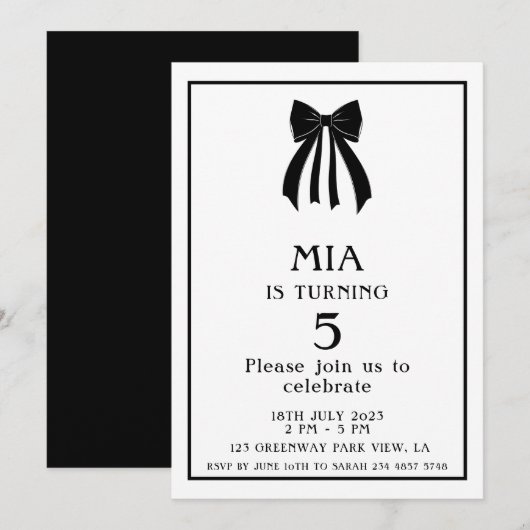 Minimalistischer Schwarzer Coquette Bow Einladung (Vorne/Hinten)