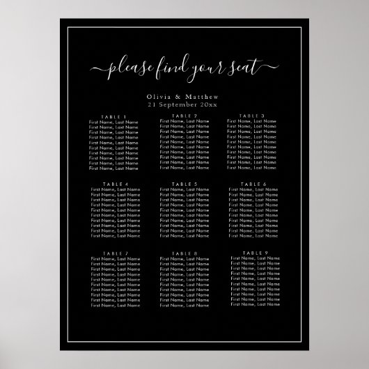 Minimalistischer schwarzer Hochzeitssitzplan Poste Poster (Vorne)