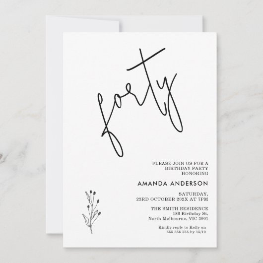 Minimalistischer schwarzer Kalligraphietext 40. Ge Einladung (Vorderseite)