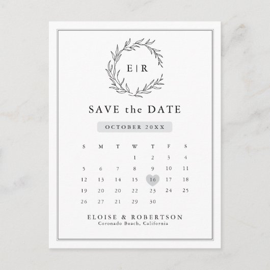 Minimalistischer Schwarzweißkalender Save the Date Postkarte (Vorderseite)