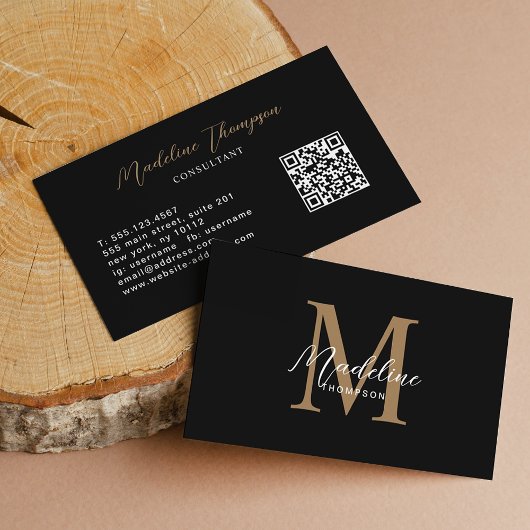 Minimalistischer Script Black Gold Monogram QR Cod Visitenkarte