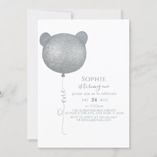 Minimalistischer Silberballon Teddy Bär 1. Geburts Einladung